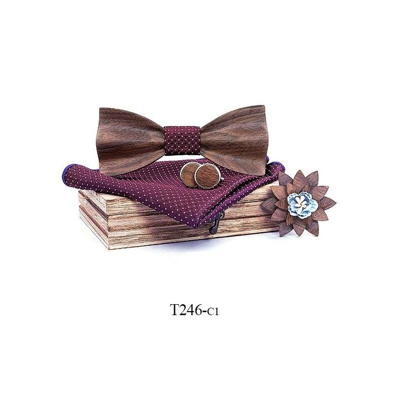 Mahoosive Dřevěný motýlek s kapesníčkem a manžetovými knoflíčky T246