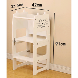 Dětská učící věž 3v1 s kreslící tabulí rozložitelná na stoleček se židličkou - Kočička, Bílá